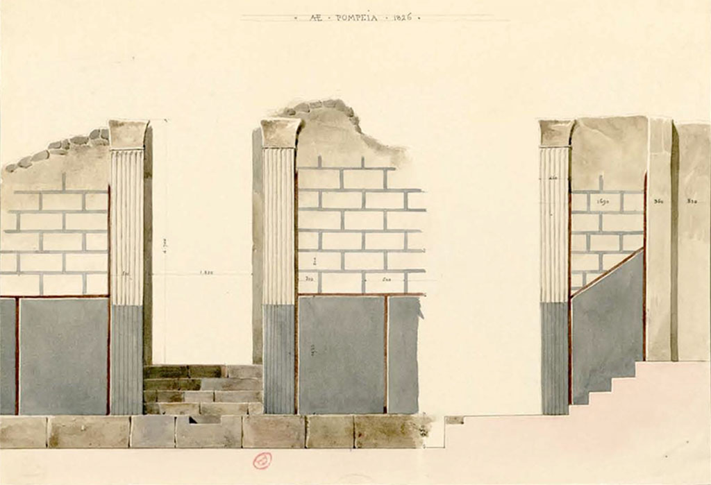 VI.17.32 Pompeii. 1826. Watercolour sketch by P.A. Poirot, of entrance doorway and painted stucco of facade. 
According to PAH, the external faade of this house was clad with white stucco, with squarings imitating large stones, and between them were seen distinct lines coloured blue.
See Poirot, P. A., 1826. Carnets de dessins de Pierre-Achille Poirot. Tome 2 : Pompeia, pl. 74.
See Book on INHA  Document plac sous  Licence Ouverte / Open Licence  Etalab 
