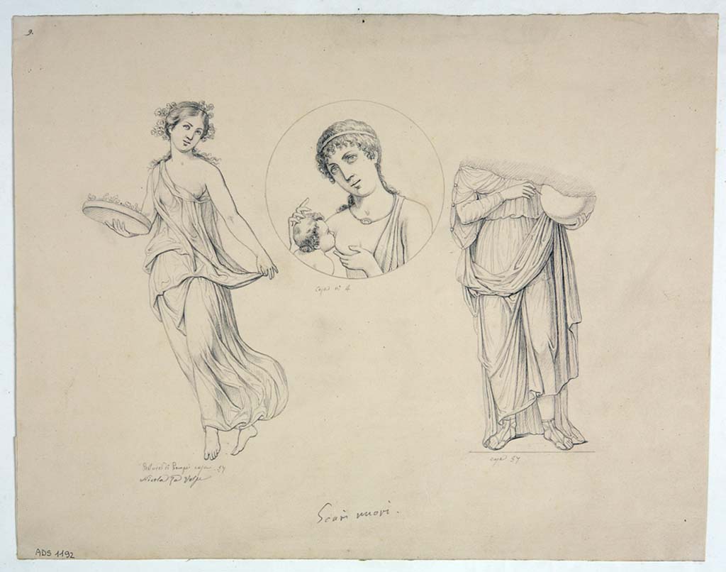 VII.1.25/47 Pompeii. Drawings by Nicola La Volpe. Drawing of two vignettes. 
The drawing on the left is of flying figure with offering plate, from an unknown room.
The drawing on the right is the Muse Urania, seen at the west end of the south wall of room 10, in VII.1.47. 
The central medallion is from VIII.4.4.
Now in Naples Archaeological Museum. Inventory number ADS 1192.
Photo © ICCD. http://www.catalogo.beniculturali.it
Utilizzabili alle condizioni della licenza Attribuzione - Non commerciale - Condividi allo stesso modo 2.5 Italia (CC BY-NC-SA 2.5 IT)
See Helbig, W., 1868. Wandgemälde der vom Vesuv verschütteten Städte Campaniens. Leipzig: Breitkopf und Härtel, (890).
