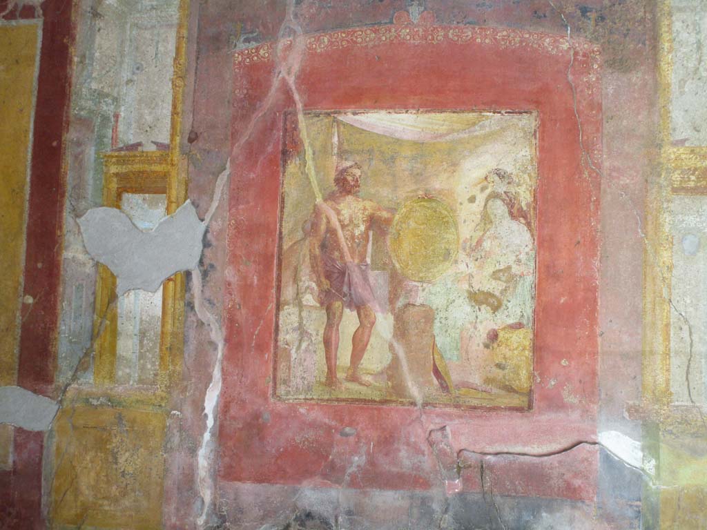 VII.1.47 Pompeii. April 2019. 
Exedra 10, east wall, painting of Thetis at the forge of Hephaestus receiving the shield for Achilles. 
Photo courtesy of Rick Bauer.
