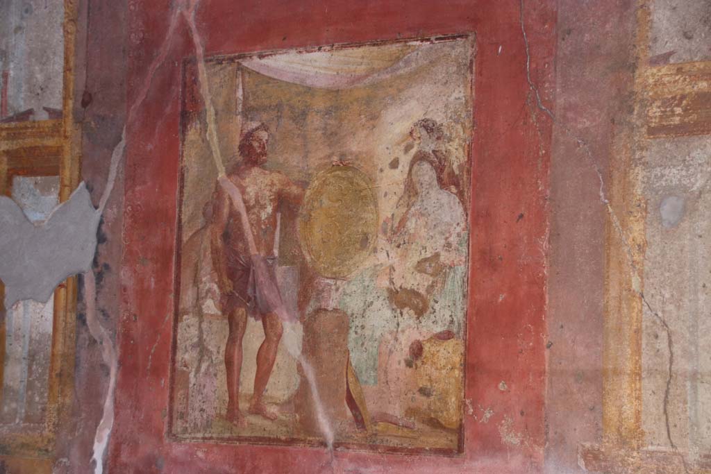 VII.1.47 Pompeii. September 2017. Exedra 10, central painting on east wall.
Photo courtesy of Klaus Heese.

