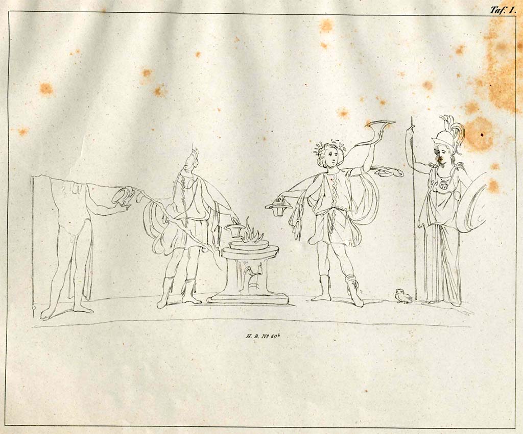 VII.2.14 Pompeii. 1868. North wall. Drawing by Helbig of upper lararium painting with two gods and two Lares.
See Helbig, W., 1868. Wandgemälde der vom Vesuv verschütteten Städte Campaniens. Leipzig: Breitkopf und Härtel, 60b, Taf. 1.
