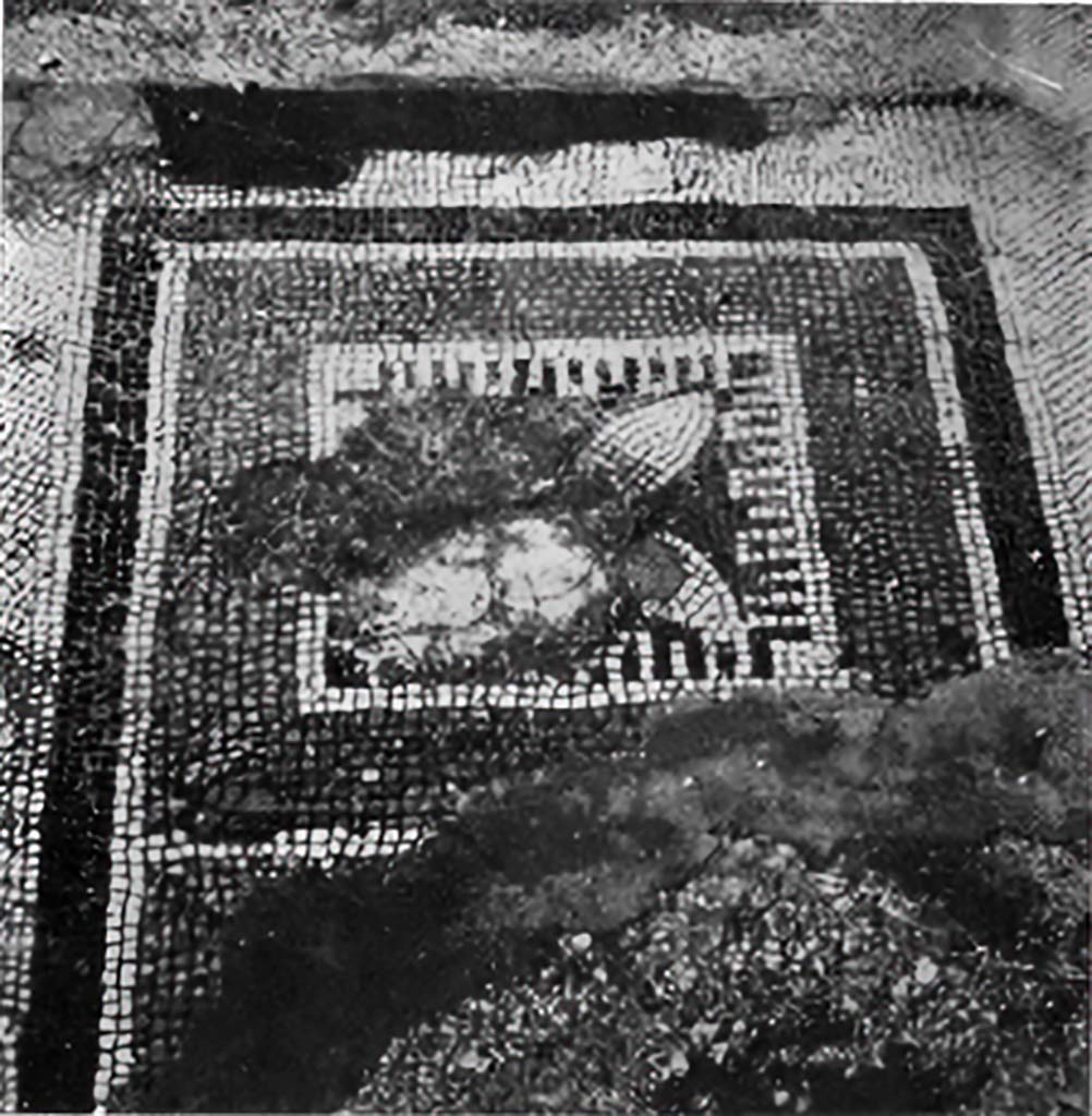 VII.2.20 Pompeii. c.1930. West end of threshold between south (room 13) and north tablinum (01).
According to Blake, from an unknown room, was this inner threshold of a room of which only one square remains.
See Blake, M., (1930). The pavements of the Roman Buildings of the Republic and Early Empire. Rome, MAAR, 8, (p.75, pl.46, tav.3).

