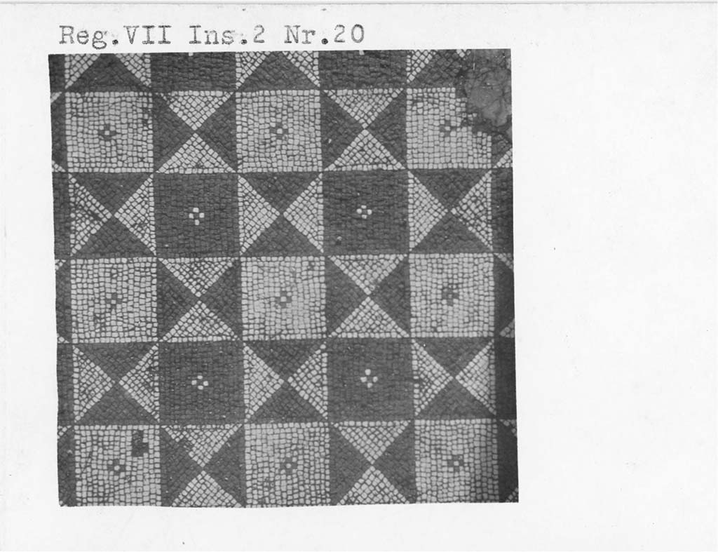 VII.2.20 Pompeii. Pre 1937-39. Room 13, detail of mosaic flooring.
Photo courtesy of American Academy in Rome, Photographic Archive. 
Warsher collection no. 350.
