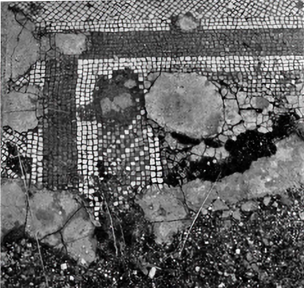 VII.2.20 Pompeii. c.1930. Room 14, mosaic flooring.
According to Blake –
This photo, showing a partially destroyed mosaic is published not so much for its intrinsic value, as from the desire to preserve a record of it.  
The border is now completely lost. (p.12).
In the room at the left (of the tablinum), oblique rows in different colours once made a neat border. (pl.46, fig.1) for the centre now lost. (p.75).
See Blake, M., (1930). The pavements of the Roman Buildings of the Republic and Early Empire. Rome, MAAR, 8, (p.12 & 75, Pl.46, tav.1).
