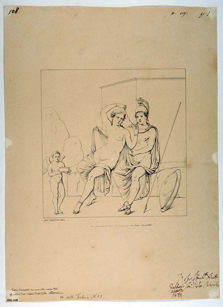 VII.3.8 Pompeii. Drawing by Giuseppe Abbate, 1844, of painting of Mars and Venus as seen in tablinum "a".
According to Helbig, only the upper part was still visible. There is no longer any trace in the tablinum today. 
See Helbig, W., 1868. Wandgemälde der vom Vesuv verschütteten Städte Campaniens. Leipzig: Breitkopf und Härtel, (321)
Now in Naples Archaeological Museum. Inventory number 
Photo © ICCD. http://www.catalogo.beniculturali.it ADS 558.
Utilizzabili alle condizioni della licenza Attribuzione - Non commerciale - Condividi allo stesso modo 2.5 Italia (CC BY-NC-SA 2.5 IT)
