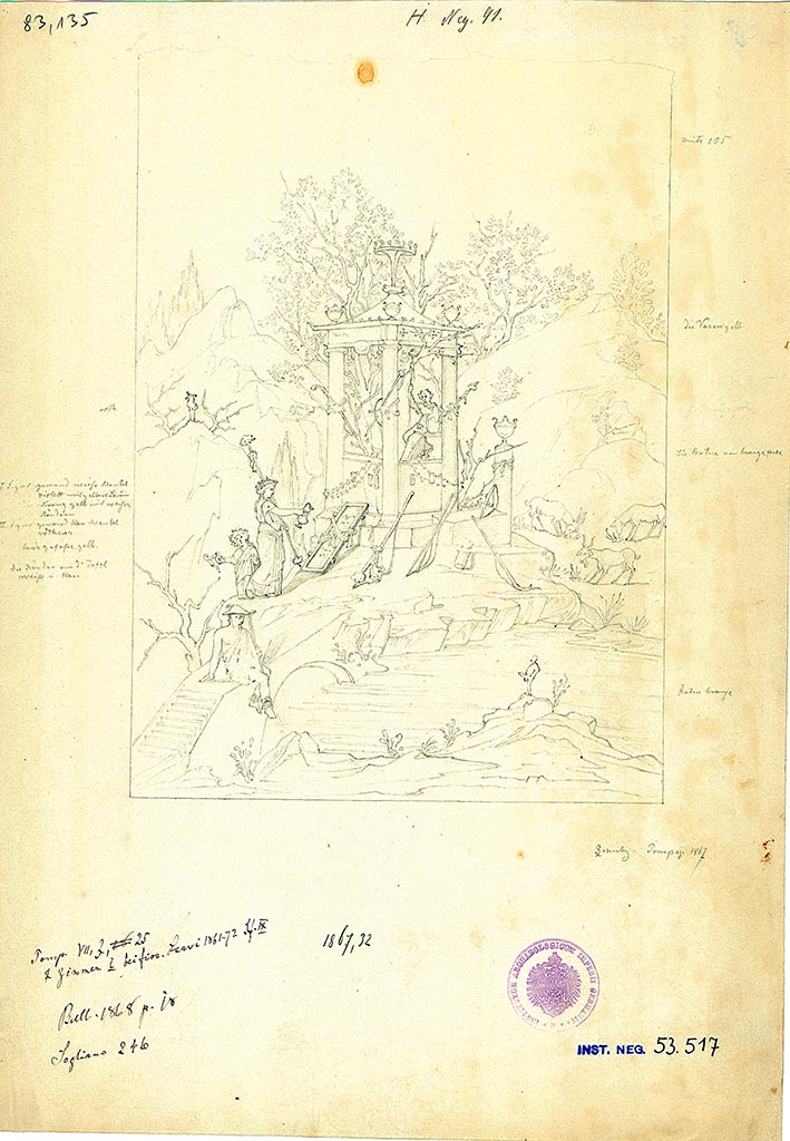 VII.3.25 Pompeii. Oecus. 1867 drawing by L. Schulz of a sacred landscape.
The drawing portrays a scene of offering by maenads to Dionysus whose statue is seen inside the temple.
DAIR 83.135. Photo © Deutsches Archäologisches Institut, Abteilung Rom, Arkiv. 
Kuivalainen comments –
This is a sacral landscape with a cult image depicting Bacchus, as attested by the various thyrsi, cantharus, and kraters, and the offering followers: a maenad and a small satyr (Comus?). The herms, the one in front Priapic, also suit his cult well. Customarily for sacral landscapes, the shrine is depicted next to a leafy tree. 
See Kuivalainen, I., 2021. The Portrayal of Pompeian Bacchus. Commentationes Humanarum Litterarum 140. Helsinki: Finnish Society of Sciences and Letters, (F33, p.186). 
