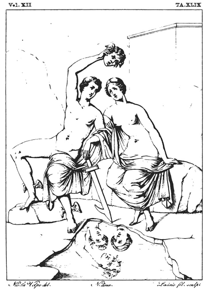 VII.4.29 Pompeii. 1839 drawing by Nicola la Volpe of painting of Perseus and Andromeda, now faded and lost. 
Found in the same room as Selene and Endymion, and according to Fiorelli, there was also a painting of The Three Graces.
See Real Museo Borbonico XII, 1839, Tav. XLIX.
See Helbig, W., 1868. Wandgemlde der vom Vesuv verschtteten Stdte Campaniens. Leipzig: Breitkopf und Hrtel, 1194.
See Carratelli, G. P., 1990-2003. Pompei: Pitture e Mosaici: Vol. VI. Roma: Istituto della enciclopedia italiana, p. 994.
