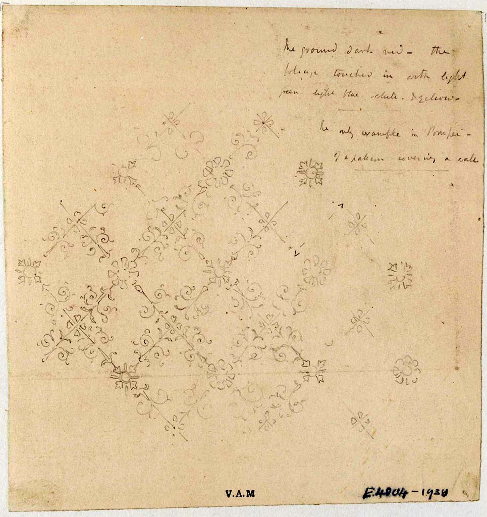 VII.4.31/51 Pompeii. Room 24, east wall. C.1840. Drawing by James William Wild, showing pattern on a dark background.
The ground dark red and the foliage touched in with light green, light blue, white and yellow.
The only example in Pompei of a pattern covering a wall.
Photo © Victoria and Albert Museum, inventory number E.4004-1938. 
