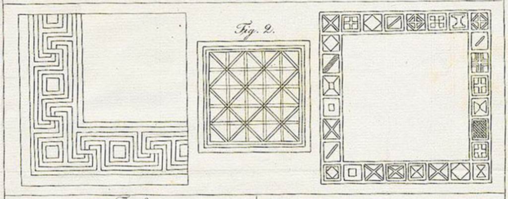 VII.4.59 Pompeii. 1840 drawing of mosaic floor patterns, oecus m.
See Avellino F., 1843. Descrizione di una casa disotterrata in Pompei negli anni 1832, 1833 e 1834., Napoli, Memorie della R. Acc. Ercolanese III, 1843, Tav II, fig. 2.
See Hanoune R., A and M De Vos, 1985. Gli acquarelli pompeiani di F. Boulanger [Casa dei Bronzi, Casa del labirinto], MEFRA 1985. p. 867, fig. 16. 

