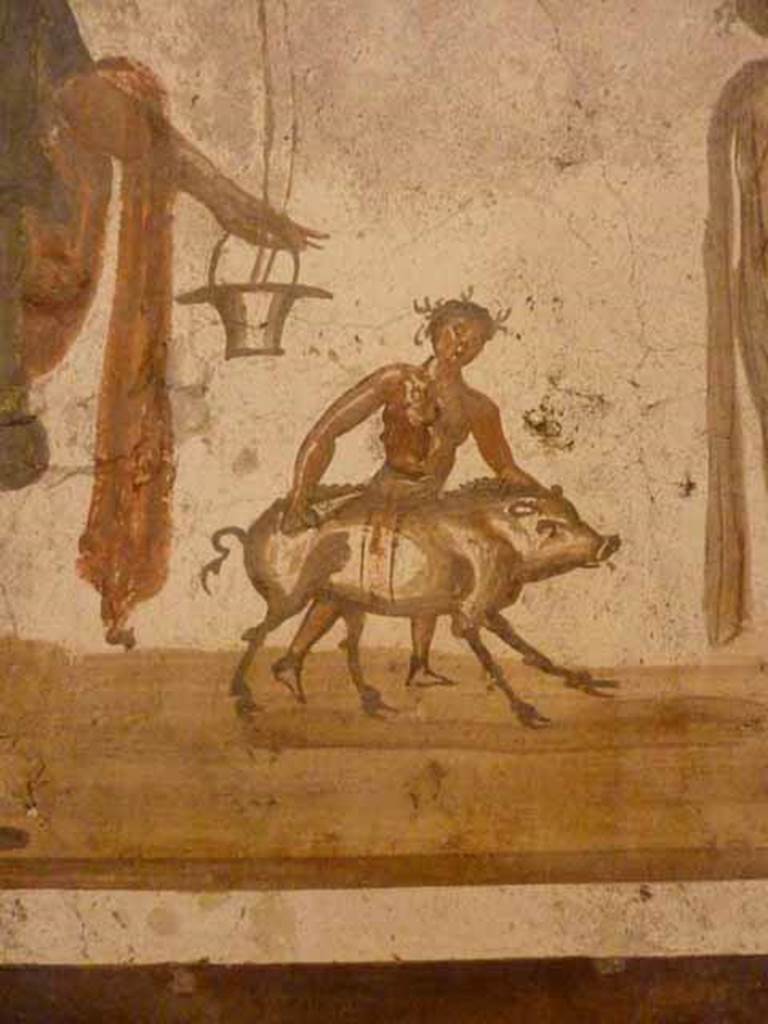 VII.6.38 Pompeii. Detail of popa leading a pig to his sacrifice, shown on lararium painting. Now in Naples Archaeological Museum. Inventory number: 8905.

