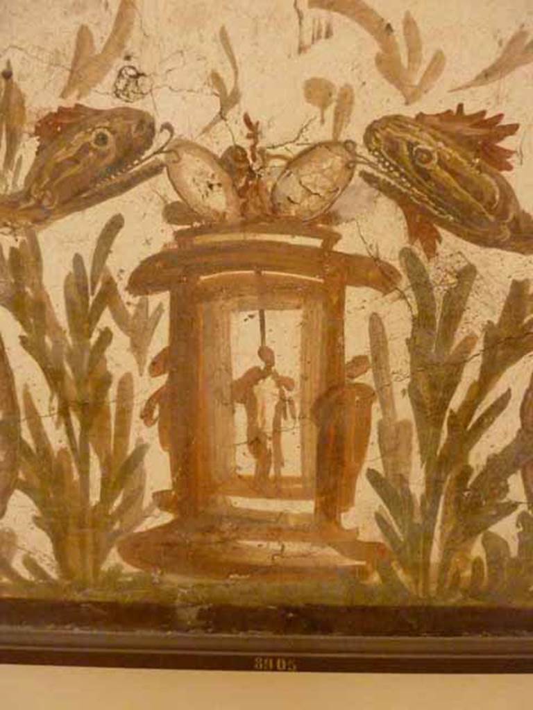 VII.6.38 Pompeii. Detail of altar on lararium painting, shown with eggs placed as offerings on the top. Now in Naples Archaeological Museum. Inventory number: 8905.

