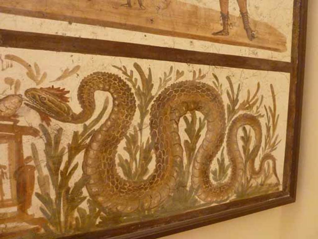 VII.6.38 Pompeii. Detail of serpent on right lower side. Now in Naples Archaeological Museum. Inventory number: 8905.
