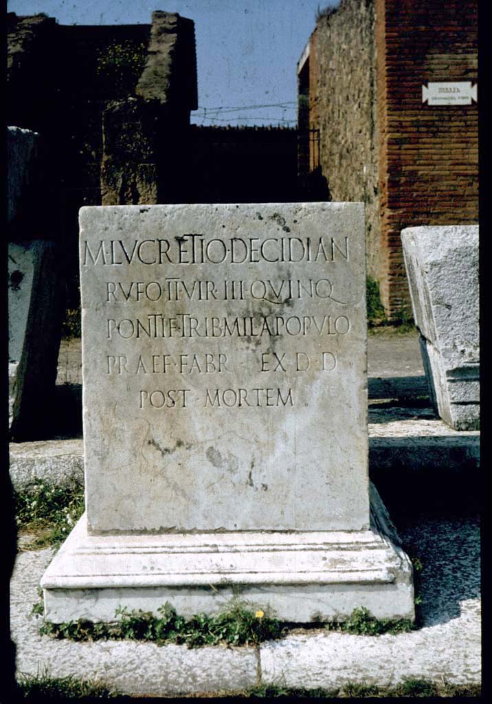 VII.8 Pompeii Forum. Pedestal base for statue in north-west corner.  
Photographed 1970-79 by Günther Einhorn, picture courtesy of his son Ralf Einhorn.
