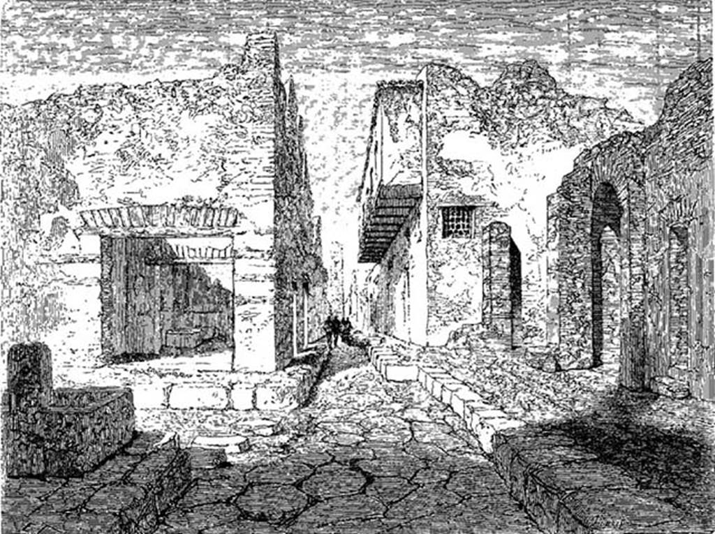 VII.10.10 Pompeii. 1864. Looking west along Vicolo del Balcone Pensile with shop VII.10.10 on left.
Drawn in 1864 by M. Duclre, woodcut by Thrond.
See Le Tour du Monde 1864, p. 392.


