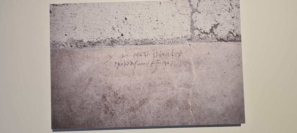 VIII.1.4 Pompeii. April 2022. 
Photograph on display in Antiquarium, of carbon inscription found in Reg.V, Casa del Giardino, on the east wall of the atrium. 
Photo courtesy of Giuseppe Ciaramella.
(See V.03 Giardino).
According to the information card –
“Charcoal inscription that suggests an autumn date (24th October) of the eruption of 79AD.” It can be read –
XVI K NOV IN OLEARIA
PROMA SUMSERUNT [……]
Sixteen days before the kalends of November they took from the oil pantry […..]

Iscrizione a carboncino che suggerisce una datazione autunnale (24 ottobre) dell’eruzione del 79 d.C. Si legge:
XVI K NOV IN OLEARIA / PROMA SUMSERUNT [……]
Sedici giorni prima delle calende di novembre hanno preso nella dispensa olearia […..]
