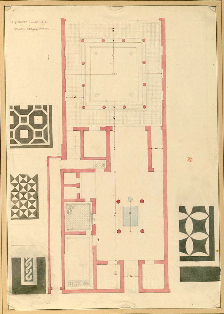 VIII.2.1 Pompeii July 1826. Plan of house, including mosaics from floors, by P.A. Poirot.
See Poirot, P. A., 1826. Carnets de dessins de Pierre-Achille Poirot. Tome 2 : Pompeia, pl. 37.
See Book on INHA  Document placé sous « Licence Ouverte / Open Licence » Etalab 

