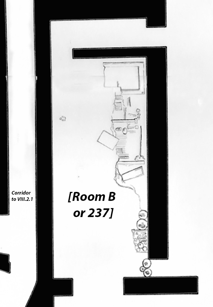 VIII.2.3 Pompeii. 1937. Plan showing triclinium B (room 237) and the position of the furniture discovered. After AS-MANN, II Inv. 142 f. 16 D3.
See Zanella S., 2019. La caccia fu buona: Pour une histoire des fouilles à Pompéi de Titus à l’Europe. Naples : Centre Jean Bérard, p. 262, fig. 152.

From 28th January 1937 (p.257), many objects were found on the layer of ash near the floor towards the east wall of Room B, (or VIII.2.3-5, room 237).
Many of the items found are listed on pages 257 – 268. 
On the 6th February 1937 (p.266) –
“In room B, the work of cleaning the signinum floor continued, taking care to observe the alluvial mud layers in detail.
Found near the eastern face of the imprint of the couch, were: Bronze:..... Bone:..... Glass paste:.....
During the collection of the objects, several stuccoes of the central painting from the eastern wall were recovered among the rubble.”
On the 9th February 1937 (p.268) –
“in this room, the collection of the fragments of the stucco from the central painting had also been completed, which from its recomposition had resulted in a painting 1.10m x 0.75m; it depicted the myth of Acteon and Diana in a pictorial version different from the well-known representation.”
See Zanella S., 2019. La caccia fu buona: Pour une histoire des fouilles à Pompéi de Titus à l’Europe. Naples : Centre Jean Bérard, pp. 257-268.
