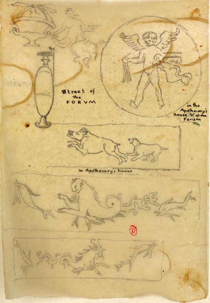 VIII.3.12 Pompeii. Between 1819 and 1832 sketches by W. Gell, cupids, four-legged animals and marine animals from this house.
The drawings in the upper left, entitled Street of the Forum may not be from this house, but somewhere nearby.
See Gell, W. Pompeii unpublished [Dessins de l'dition de 1832 donnant le rsultat des fouilles post 1819 (?)] vol II, pl. 44 verso.
Bibliothque de l'Institut National d'Histoire de l'Art, collections Jacques Doucet, Identifiant numrique Num MS180 (2).
See book in INHA Use Etalab Licence Ouverte
