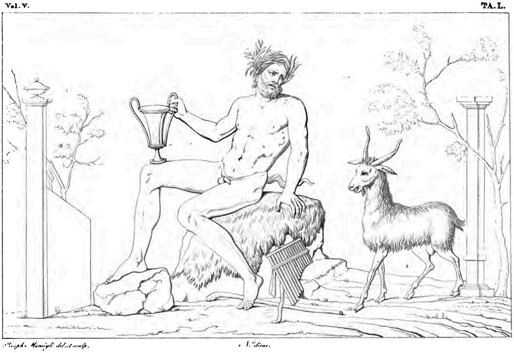 VIII.3.31 Pompeii? Pre-1829. 
Drawing of Faun with goat which may have been seen in one of the rooms on the east side of the peristyle.

According to CTP 
The name of this house must have originated from a painting of Pan found there, see N. Corcia, Storia Delle Due Sicilie Dall'Antichit Pi Remota Al 1789, Vol. II, Napoli, 1845, p.381.
See Van der Poel, H. B., 1983. Corpus Topographicum Pompeianum, Part II. Austin: University of Texas, (p.302, footnote 5).

According to RMB 
The man who, , sees at the corner of this Forum, opposite to that where the Basilica is, a road wide enough, in which a few feet away from the portico was a fountain. Behind this fountain opens a small door that leads into a house neither large nor much adorned. At the rear of the peristyle of this house you can see painted, in a small room, the faun in this published drawing (tav. L), whose composition was rather graceful 
See Real museo Borbonico, Vol. V (5), 1829, Tav. L (50).

According to Eschebach, this may have been found and seen in this house, but now no longer available.
See Eschebach, L., 1993. Gebudeverzeichnis und Stadtplan der antiken Stadt Pompeji. Kln: Bhlau, (p.368).
(Note: from the description in RMB  a small door leading into a house neither large nor much adorned. 
At the rear of the peristyle of this house you can see painted, in a small room, the faun in this published drawing (tav. L), . 
The small door could also have described the doorway of VIII.2.12, (on the opposite side of Via delle Scuole from VIII.3.31), leading into the peristyle of VIII.2.13, with small rooms on its south side.
However, we will bow to the knowledge of CTP, and Eschebach, and leave the drawing here.)

