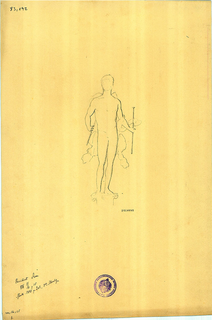 VIII.5.15 Pompeii. 
Sketch by Discanno, from panel on west wall in Room 2, detail of male figure could be seen with a flute in each hand.
DAIR 83.192.  Photo © Deutsches Archäologisches Institut, Abteilung Rom, Arkiv.
