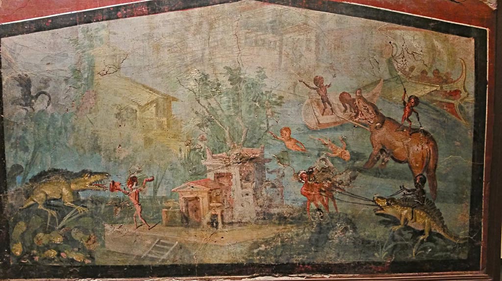 VIII.5.24 Pompeii. 2016/2017. 
Wall painting of Pygmies in a Nile Scene. Found 1882, from a low wall connecting peristyle columns in VIII.5.24.  
Now in Naples Archaeological Museum. Inventory number 113195.  Photo courtesy of Giuseppe Ciaramella.
