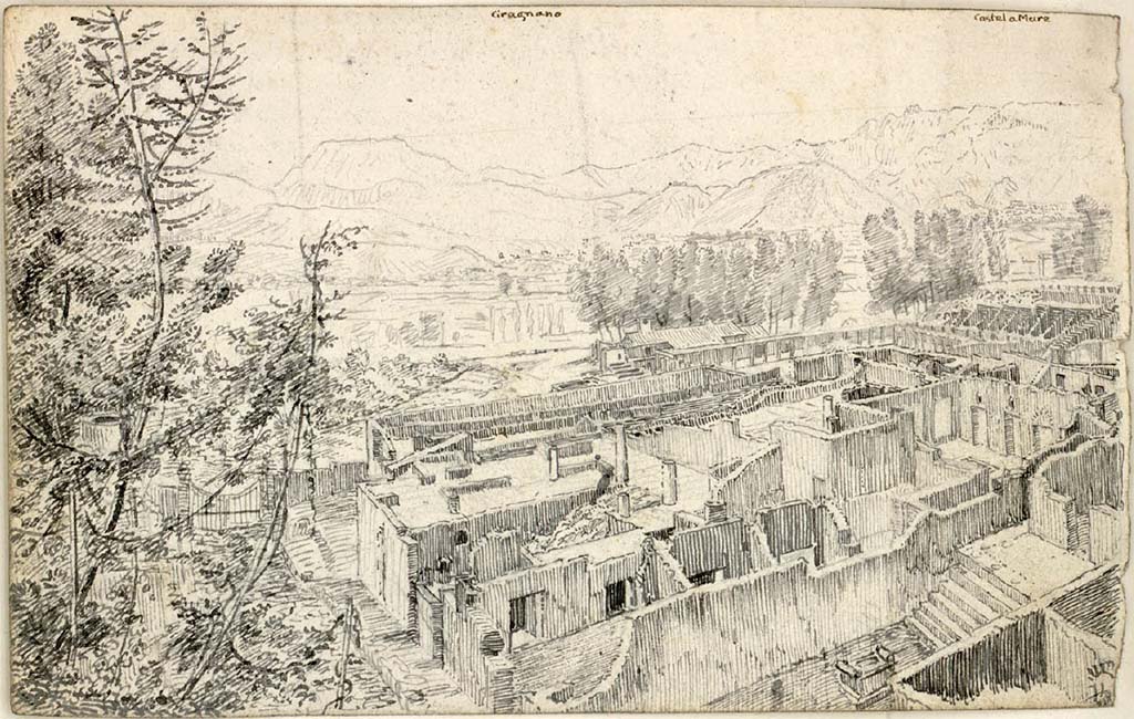 VIII.7.24 Pompeii. c.1819 sketch by W. Gell. 
Looking south above Temple at VIII.7.25, towards atrium, steps to upper floor and area of upper portico garden, (in centre of sketch).  
See Gell W & Gandy, J.P: Pompeii published 1819 [Dessins publis dans l'ouvrage de Sir William Gell et John P. Gandy, Pompeiana: the topography, edifices and ornaments of Pompei, 1817-1819], pl. 39 verso.
See book in Bibliothque de l'Institut National d'Histoire de l'Art [France], collections Jacques Doucet Gell Dessins 1817-1819
Use Etalab Open Licence ou Etalab Licence Ouverte
