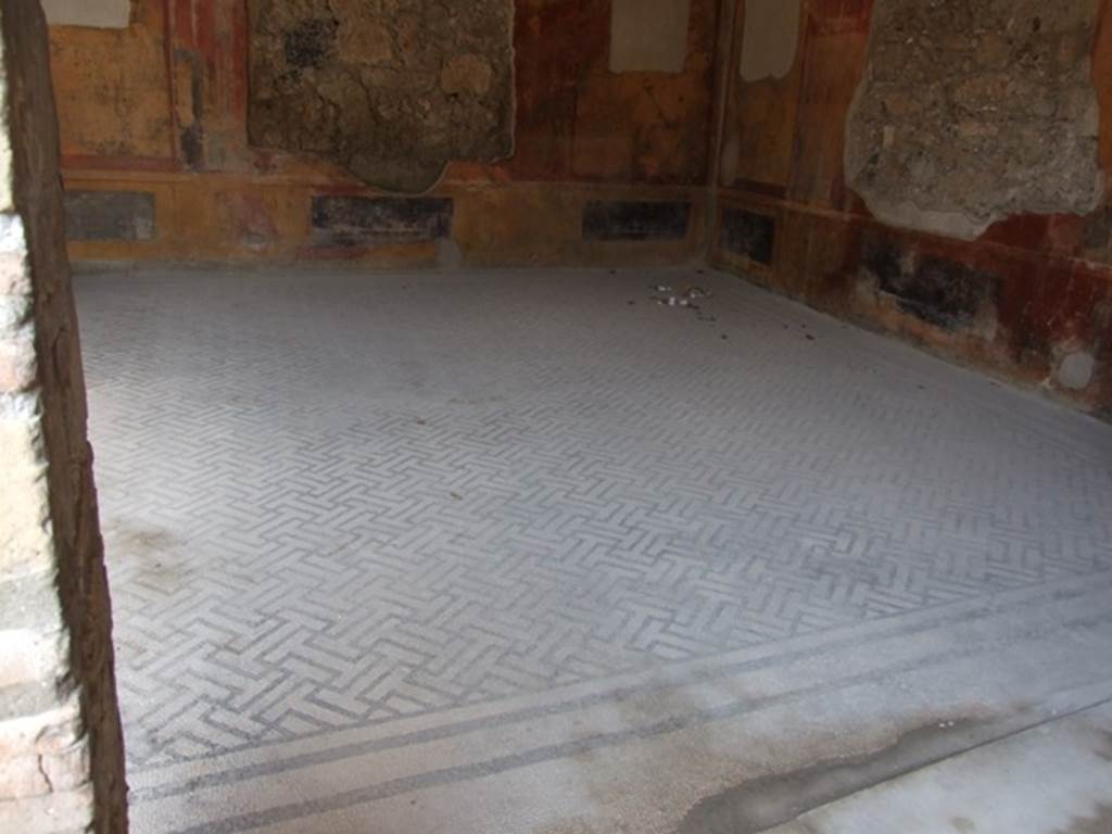 IX.3.5 Pompeii. March 2009. Room 14, black and white mosaic floor bordered with black and white lines.