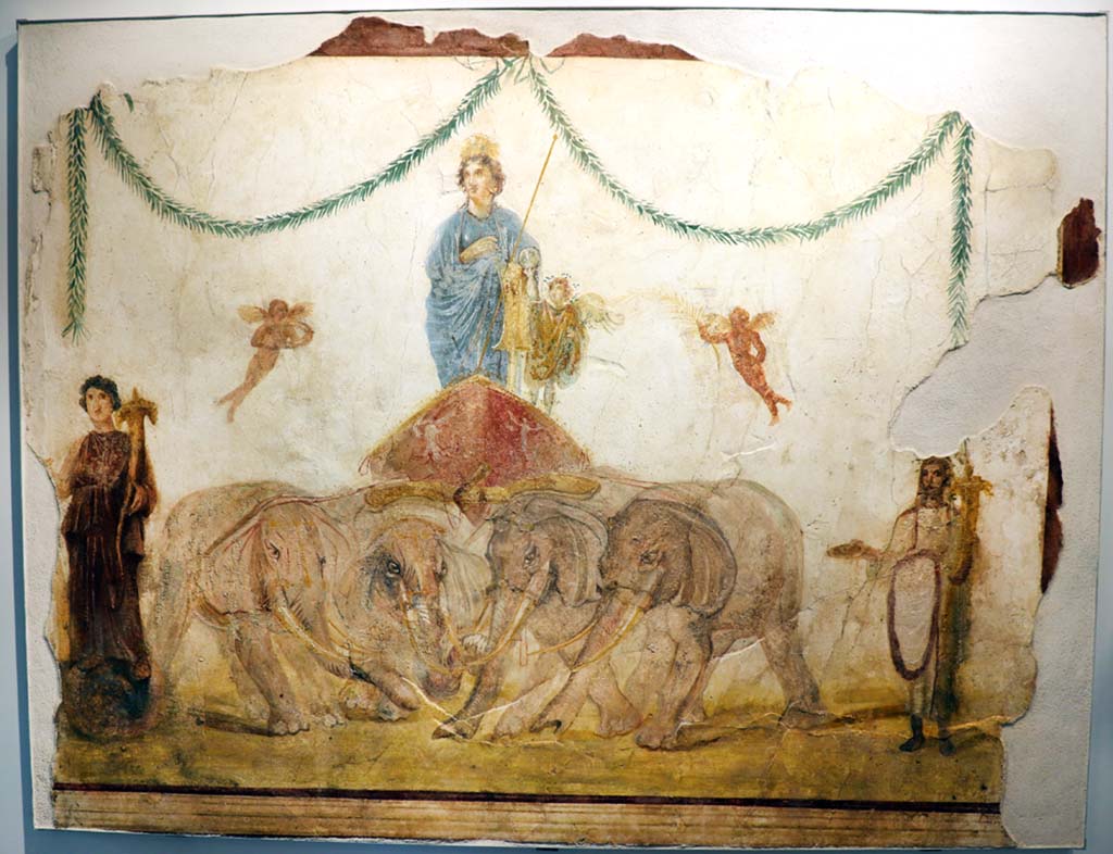 IX.7.6 Pompeii. February 2021. 
Fresco of Venus being pulled by elephants, outside House of Verecundus, between doorways IX.7.7 and IX.7.6. 
Photographed on display in Antiquarium, where it is located as being at IX.7.5.
Photo courtesy of Fabien Bivre-Perrin (CC BY-NC-SA).

