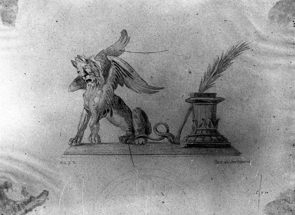 IX.8.6 Pompeii. W.381. Drawing of winged griffin or lion, altar and palm tree, from side panel of east wall of room 4.
Photo by Tatiana Warscher. Photo © Deutsches Archäologisches Institut, Abteilung Rom, Arkiv.
