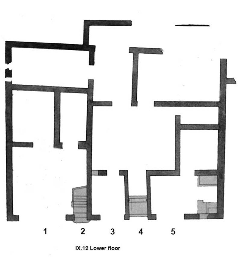 IX.12.1-5 Pompeii. Plan of lower floor and entrances after Spinazzola.
See Spinazzola V., 1953. Pompei alla luce degli Scavi Nuovi di Via dellAbbondanza (anni 1910-1923). Roma: La Libreria della Stato, fig. 680.

