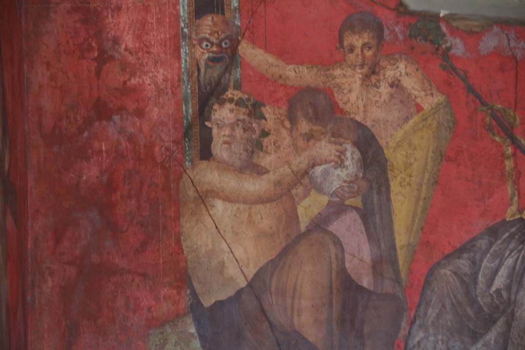 Villa of Mysteries, Pompeii. April 2014. 
Room 5, detail of Satyrs from east wall of painting of Dionysian mystery, in north-east corner.
Photo courtesy of Klaus Heese.
