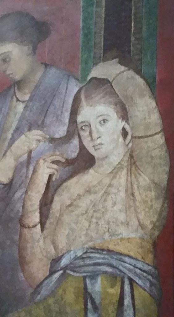 Villa of Mysteries, Pompeii. c.2015-2017.  
Room 5, detail of painted figure from south wall. Photo courtesy of Giuseppe Ciaramella.
