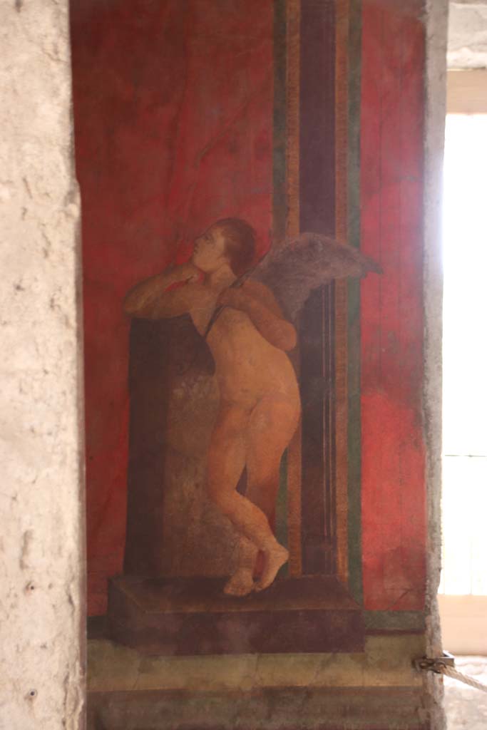 Villa of Mysteries, Pompeii. September 2021. 
Room 5, detail from west wall in south-west corner. Photo courtesy of Klaus Heese.
