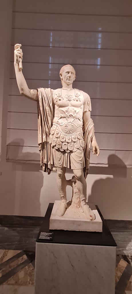 Via dell’Abbondanza, north side, Pompeii, near VII.1.12.
April 2023. White marble statue of M. Holconius Rufus, on display in “Campania Romana” gallery
Now in Naples Archaeological Museum. Inventory number 6233.
Photo courtesy of Giuseppe Ciaramella.
