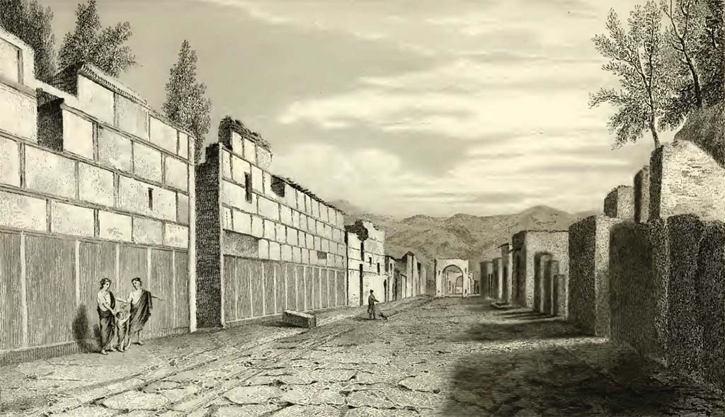 Via di Mercurio, Pompeii. Looking south c. 1830. Drawing by Gell.
See Gell, W, 1832.  Pompeiana: Vol 2.  London: Jennings and Chaplin, p. 8, pl. LXI.  

