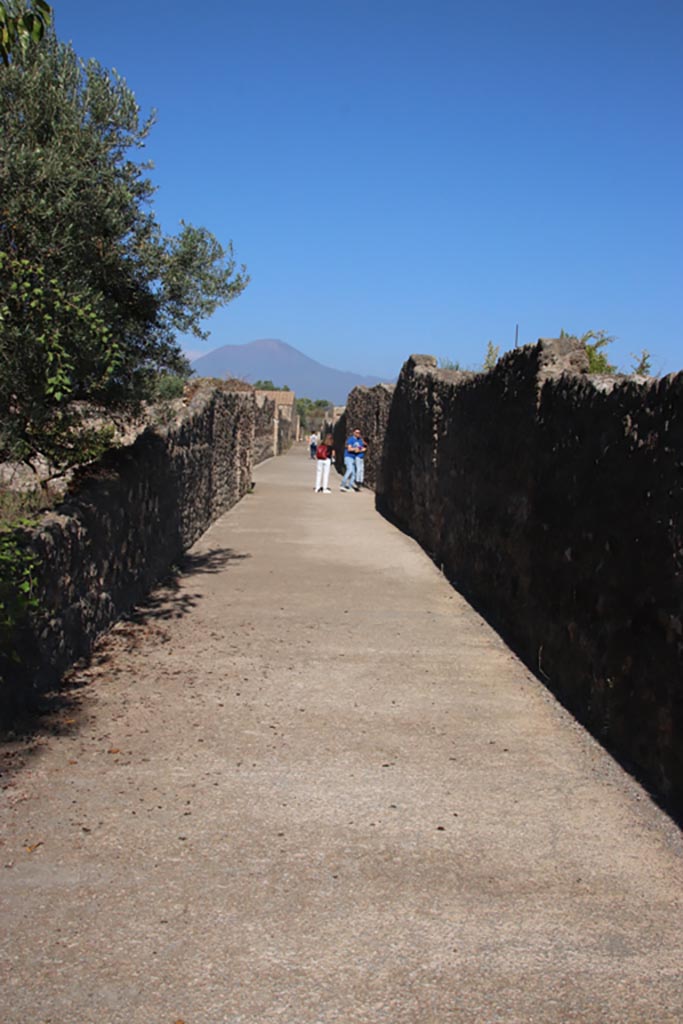 Vicolo dei Fuggiaschi, Pompeii. October 2022. 
Looking north between I.21 and I.20. Photo courtesy of Klaus Heese.
