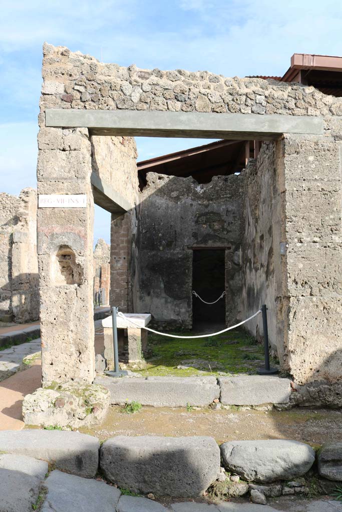 Vicolo del Lupanare, east side, December 2018. 
Looking east to entrance doorway at VII.1.42. Photo courtesy of Aude Durand.
