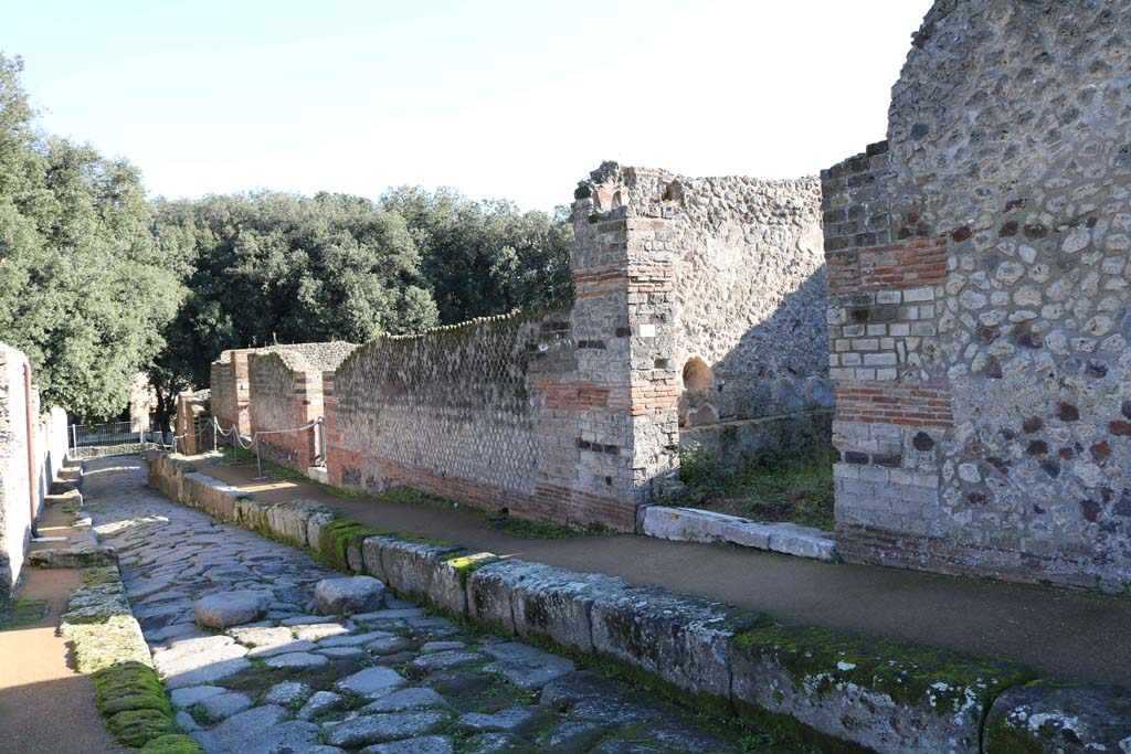 Vicolo della Regina, Pompeii. December 2018. 
Looking east along south side of roadway, from VIII.2.35, on right. Photo courtesy of Aude Durand.
