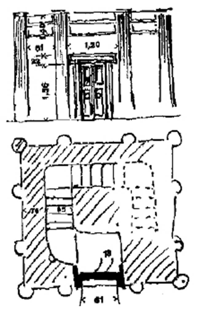 Pompeii FP6. 1886 drawing of tomb front and cross section showing entrance door and staircase. See Maier H., 1886. Centralblatt der Bauverwaltung, No 46, p. 451, fig. 4.