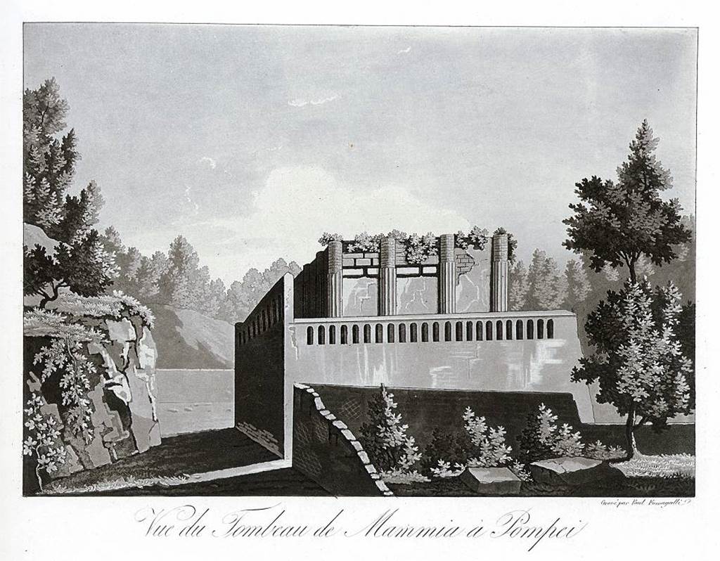 HGW04a Pompeii. 1824-27 view of the rear of the tomb of Mammia by P. Fumagalli. 
See Fumagalli P., Pompeia, trattato pittorico, storico, e geometrico, opera disegnata negli anni 1824 al 1830. Firenze, p. 34-5 e tavolo non numerato.
