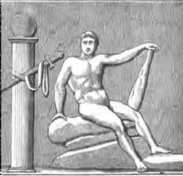 HGW20 Pompeii. 1884 drawing of stucco relief from one of the small pilasters. Possibly Theseus in the labyrinth after overcoming the Minotaur. See Overbeck J., 1884. Pompeji in seinen Gebuden, Alterthmen und Kunstwerken. Leipzig: Engelmann. (p. 417, fig. 217).