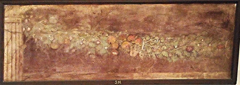Villa of P Fannius Synistor at Boscoreale. Peristyle E, south end of west wall. Fruit and leaf garland painting with Corinthian column. Now in Naples Archaeological Museum.  Inventory number s.n. 2.