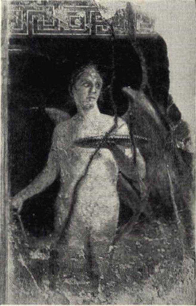 Villa of P Fannius Synistor at Boscoreale. 1903. Peristyle E, north wall. Photograph from sale catalogue of fresco of winged guardian figure or genius in the form of young Faun. See Sambon A, 1903. Les Fresques de Boscoreale. Paris and Naples: Canessa. p. 8.