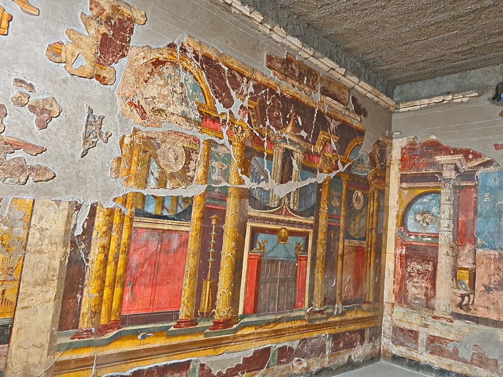 Oplontis Villa of Poppea, October 2023. Room 14, looking towards west wall and north-west corner. Photo courtesy of Giuseppe Ciaramella. 