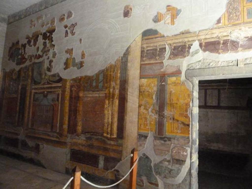 Oplontis Villa of Poppea, September 2015. Room 14, east wall  wth two paintings on north side of doorway leading to room 10b.