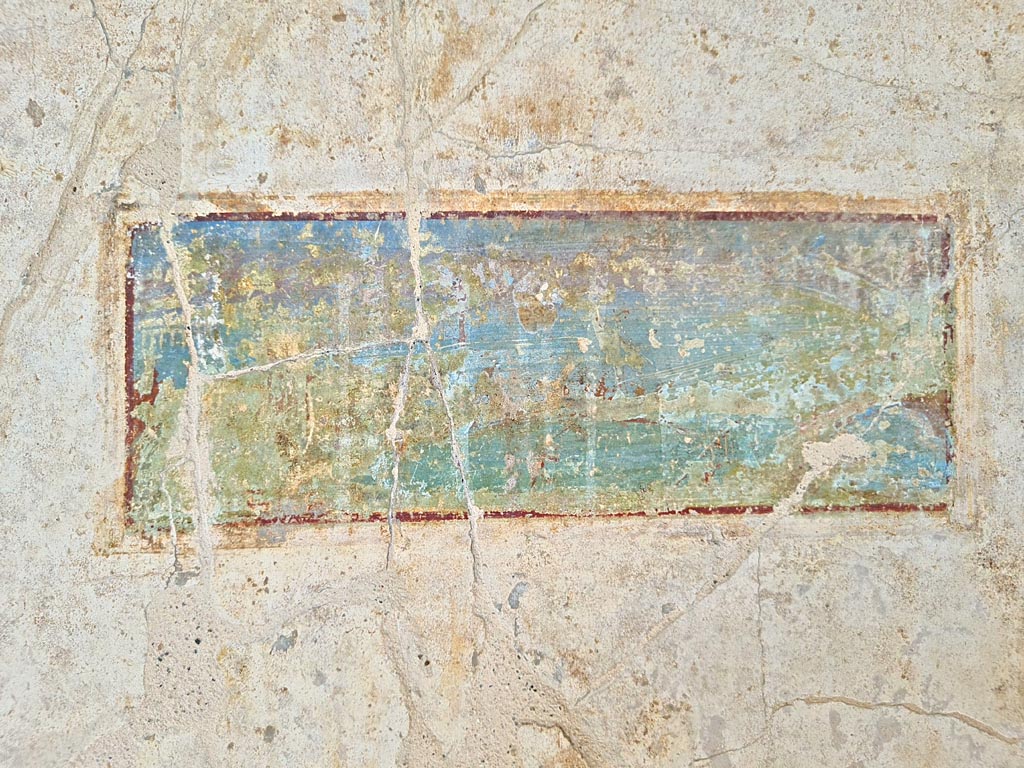 Oplontis Villa of Poppea, October 2023. 
Area 60, west wall of portico, painted panel from wall between doorways to rooms 72 and 74. Photo courtesy of Giuseppe Ciaramella. 

