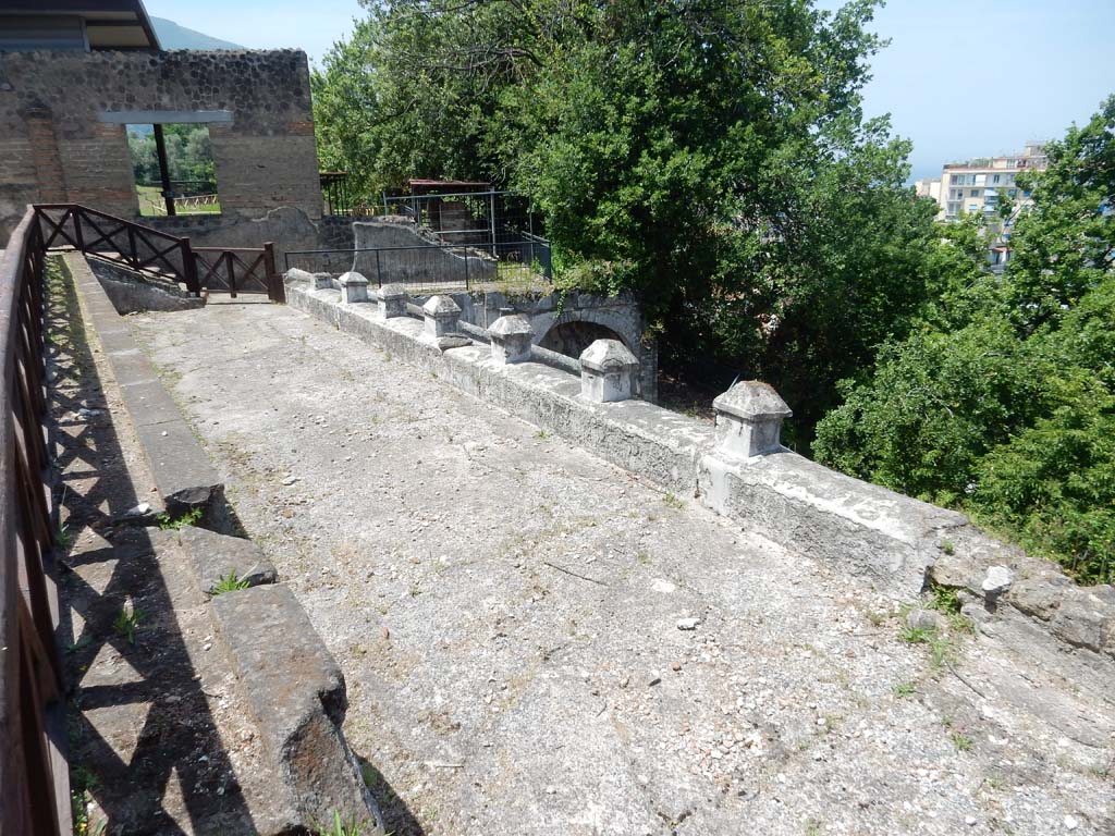 Stabiae, Villa Arianna, June 2019. 
Looking west along terrace B towards remains of rooms P, Q and V, at rear of north-east corner of peristyle.
Photo courtesy of Buzz Ferebee.
