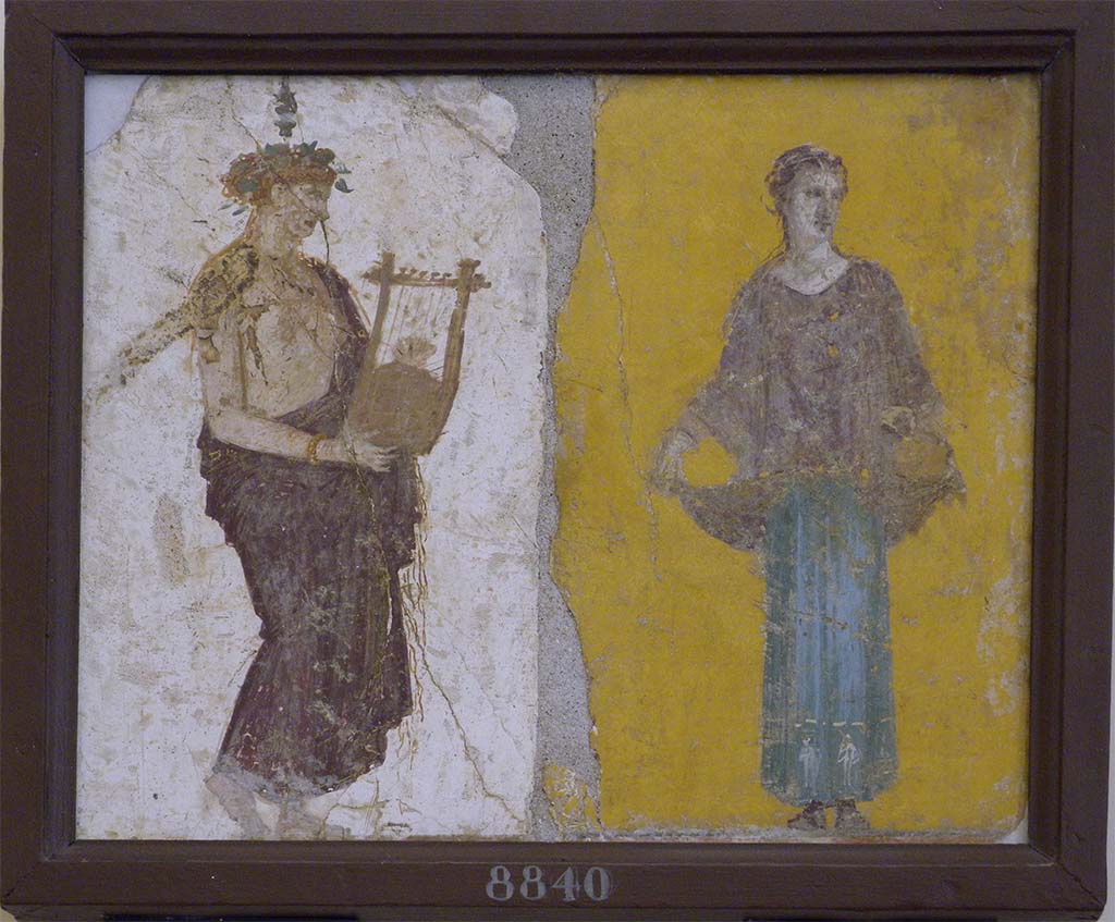 Stabiae, Villa Arianna, found 16th June 1759. Room W.28, two paintings of women.
According to Grasso, these came from the room numbered 28 on Weber’s plan.
On the right a woman lifts the hem of her cloak to display a peplum finely embroidered in gold with naked figures in different poses.
On the left a young woman holds a 5-string lyre. 
She wears a crown of ivy, a long tunic that falls from the shoulder across to the hip and sandals laced up to the ankles. 
The drapery of the garments is tastefully archaic.
Now in Naples Archaeological Museum. Inventory number 8840. 
See Pagano, M. and Prisciandaro, R., 2006. Studio sulle provenienze degli oggetti rinvenuti negli scavi borbonici del regno di Napoli. Naples: Nicola Longobardi, p. 242.
