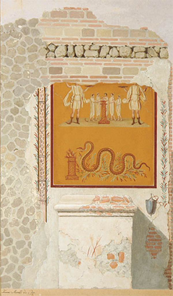 IV.4.g Pompeii. Early 19th century painting by F. Morelli of street shrine between IV.4.f and IV.4.g.
Below is a masonry altar above which is a painting.
In the middle is a round altar with five small figures in long white tunics. 
The figure in the centre behind the altar is a tibicen. 
On either side are pairs of Vicomagistri with right arms outstretched to the altar.  
Two large Lares flank the scene, each with patera and rhyton. 
In the lower zone of the painting is a serpent approaching from the left to an altar with eggs and fruit on it.
Now in Naples Archaeological Museum. Inventory number ADS 574.
See Frhlich, T., 1991. Lararien und Fassadenbilder in den Vesuvstdten. Mainz: von Zabern. (p.315, F24)
Photo  ICCD. http://www.catalogo.beniculturali.it
Utilizzabili alle condizioni della licenza Attribuzione - Non commerciale - Condividi allo stesso modo 2.5 Italia (CC BY-NC-SA 2.5 IT)