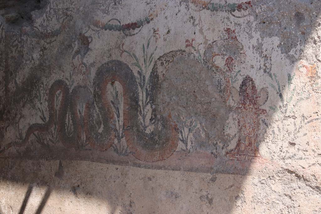 V.8, Pompeii. September 2021. 
Looking east towards painted street shrine at the rear of the Well, on north side of Vicolo delle Nozze d’Argento. Photo courtesy of Klaus Heese.
A serpent approaches a marble painted altar from the left. On the altar there appears to be a pinecone and two eggs.
In the background are flowering plants while above and on the left side are garlands.
